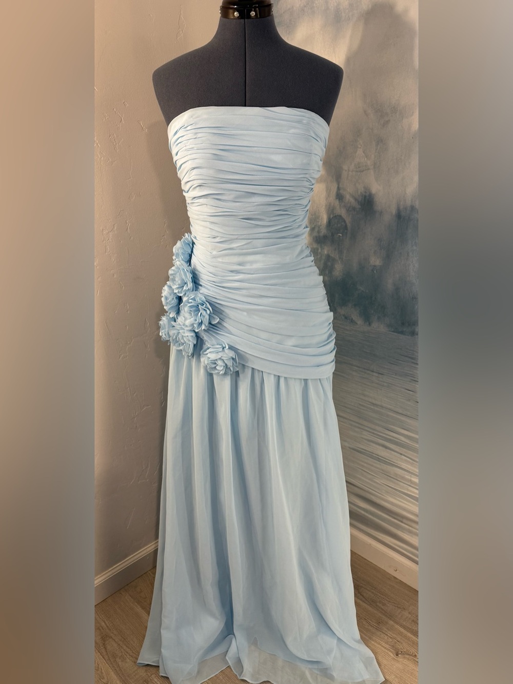 Strapless Ruched Light Blue Evening Gown with Floral Detail #371